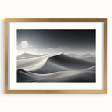Framed wall art featuring a serene desert landscape with soft dunes in neutral tones, accented by a gold frame and mat, ideal for modern home decor.