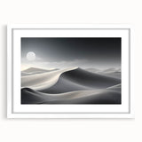 Framed wall art showcasing a serene desert landscape with soft dunes, presented in a white mat and sleek frame, ideal for home decor and tranquility.