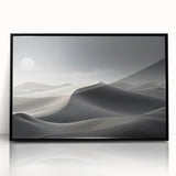 Framed wall art showcasing a serene desert dune landscape in warm earth tones, featuring a sleek black frame and acrylic front, perfect for modern decor.
