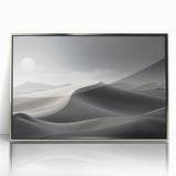 Framed acrylic wall art featuring a serene desert landscape with golden dunes and a clear blue sky. Ideal for modern home decor, adding warmth and tranquility.