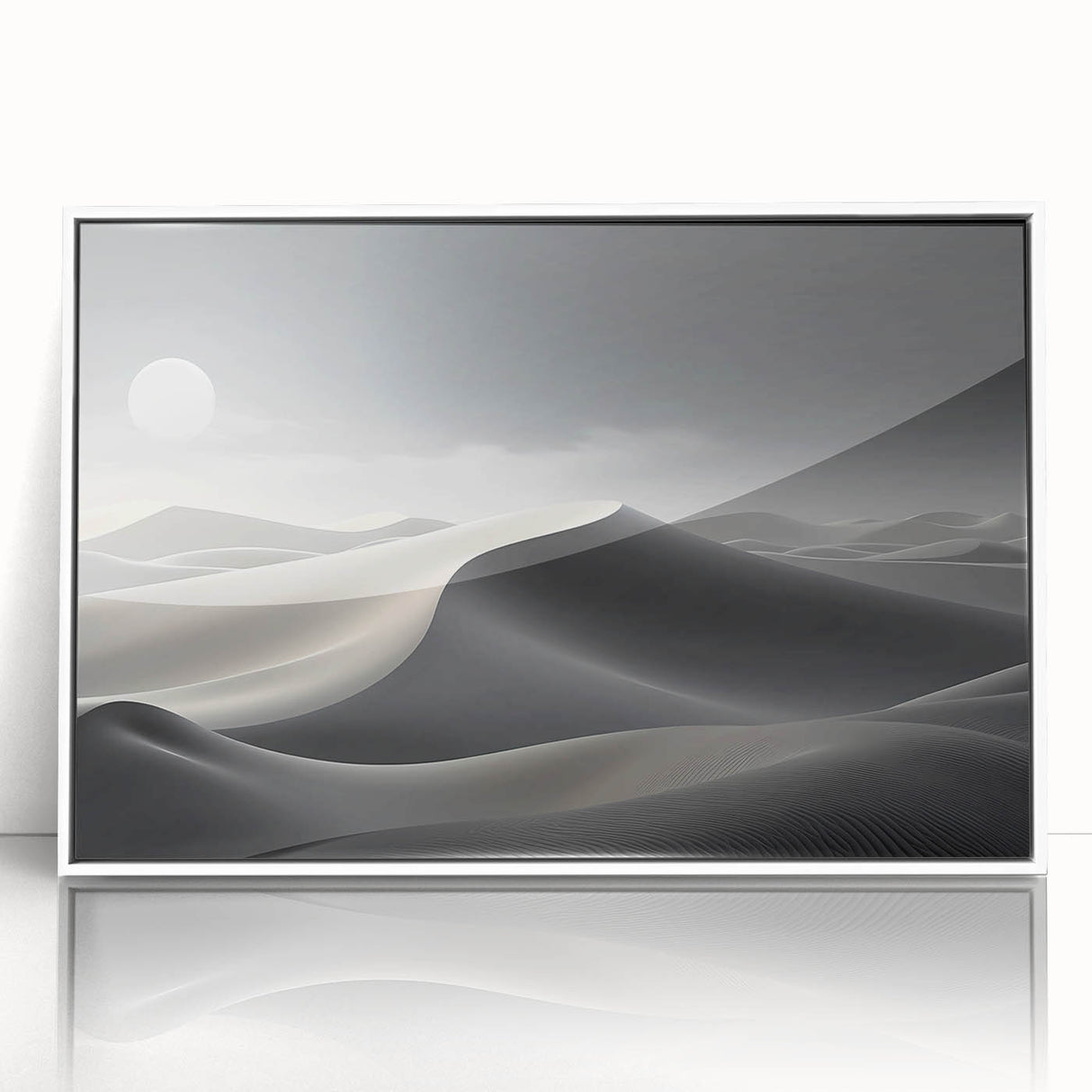 Framed acrylic wall art featuring a serene desert landscape with rolling dunes and soft, muted colors. The modern design adds elegance to any room decor.