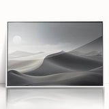 Framed acrylic wall art featuring a serene desert landscape with rolling dunes and soft, muted colors. The modern design adds elegance to any room decor.