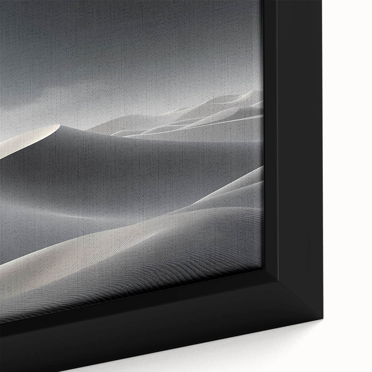Close-up of a framed canvas wall art piece showcasing a serene desert landscape with golden sand dunes and a vibrant blue sky, perfect for home decor.