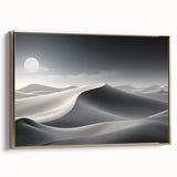 Framed wall art showcasing a stunning desert dune landscape in warm gold tones, perfect for modern decor. Captivating side view highlights the sleek frame design.
