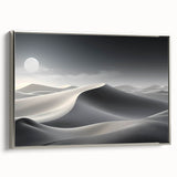 Framed canvas wall art featuring a stunning desert dune landscape in soft gold and silver tones, designed to enhance modern home decor.