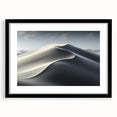 Framed wall art featuring a serene desert landscape with rolling dunes, presented in a sleek black frame with a white mat, ideal for modern home decor.