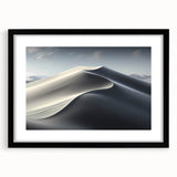 Framed wall art featuring a serene desert landscape with rolling dunes, presented in a sleek black frame with a white mat, ideal for modern home decor.