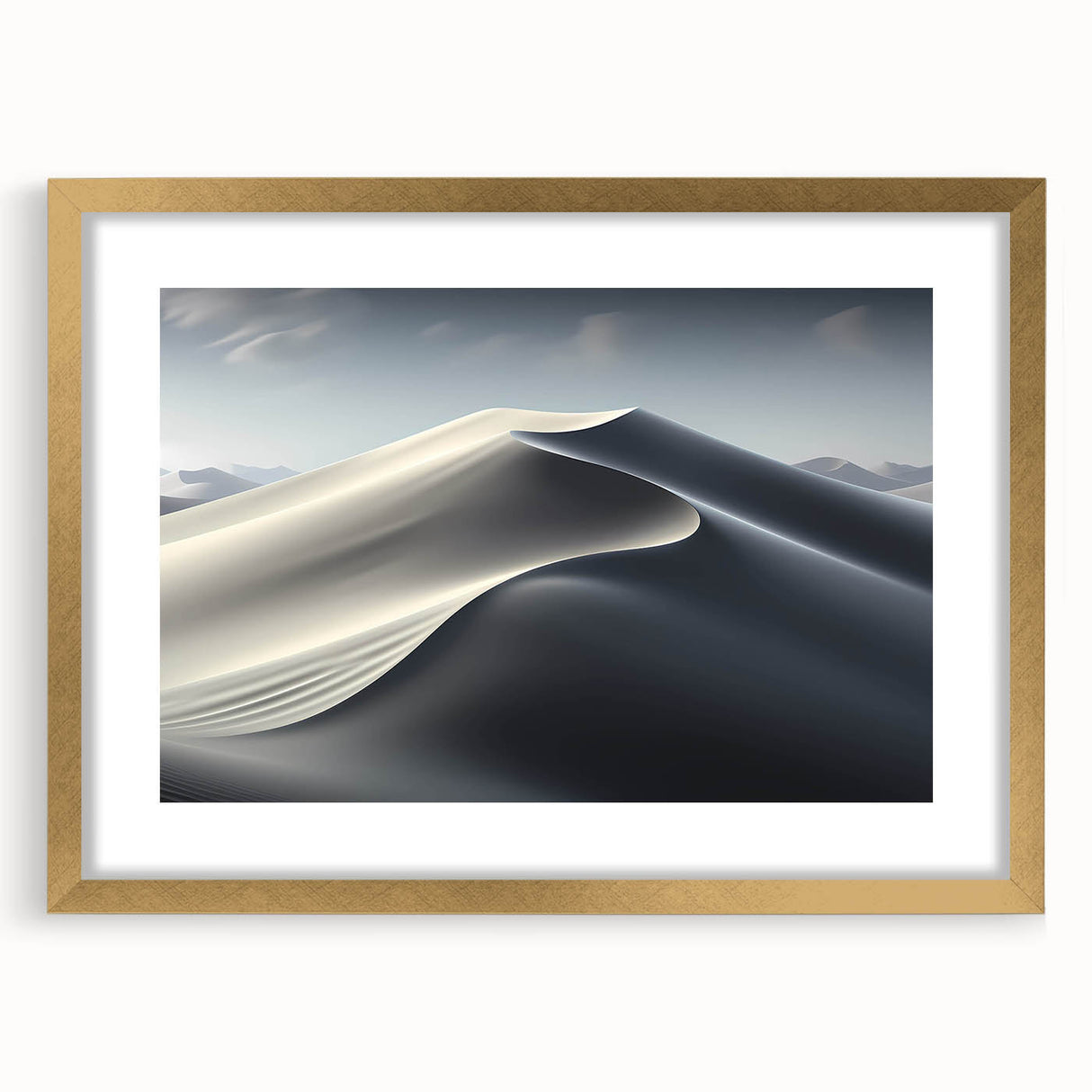Elegant wall art showcasing a stunning desert dune landscape framed in gold, complete with a white mat, adding a sophisticated touch to home decor.