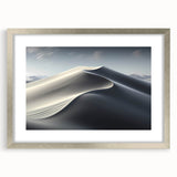 Framed wall art featuring a stunning desert dune landscape design, presented in a sleek silver frame with a mat, ideal for modern home decor.