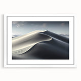 Framed wall art showcasing serene desert dunes with soft beige and golden hues, presented in a sleek white mat, perfect for modern decor.
