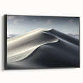 Framed canvas wall art featuring a serene desert dune landscape design, showcasing warm beige and golden tones, presented in a sleek black frame, perfect for modern decor.