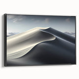 Framed canvas wall art featuring a serene desert dune landscape design, showcasing warm beige and golden tones, presented in a sleek black frame, perfect for modern decor.
