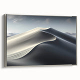 Framed canvas wall art showcasing an elegant desert dune landscape in soft earth tones, featuring a sleek silver frame, perfect for modern home decor.