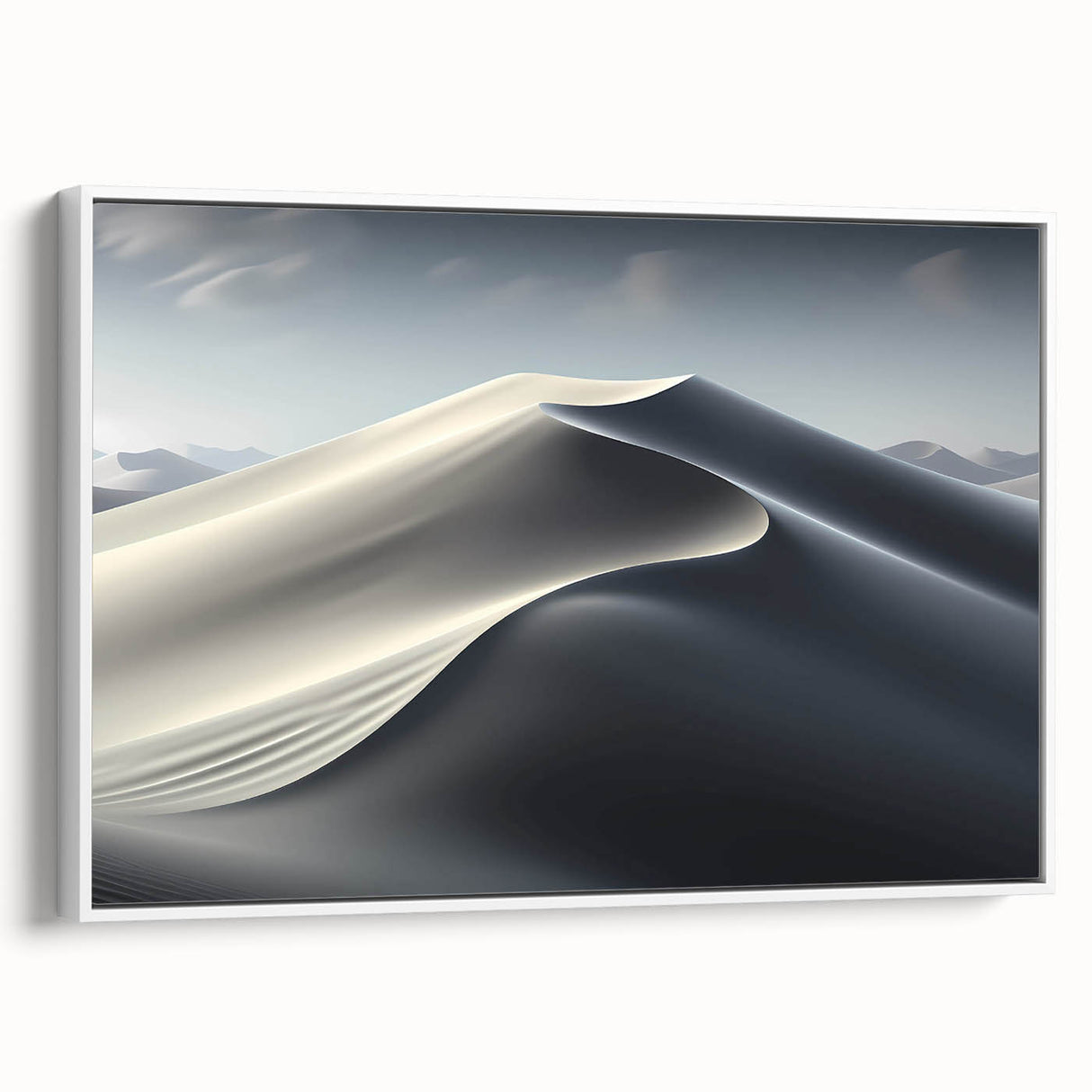 Framed canvas wall art showcasing a serene desert dune landscape in soft beige and gold tones, elegantly presented with a white frame and side view display.