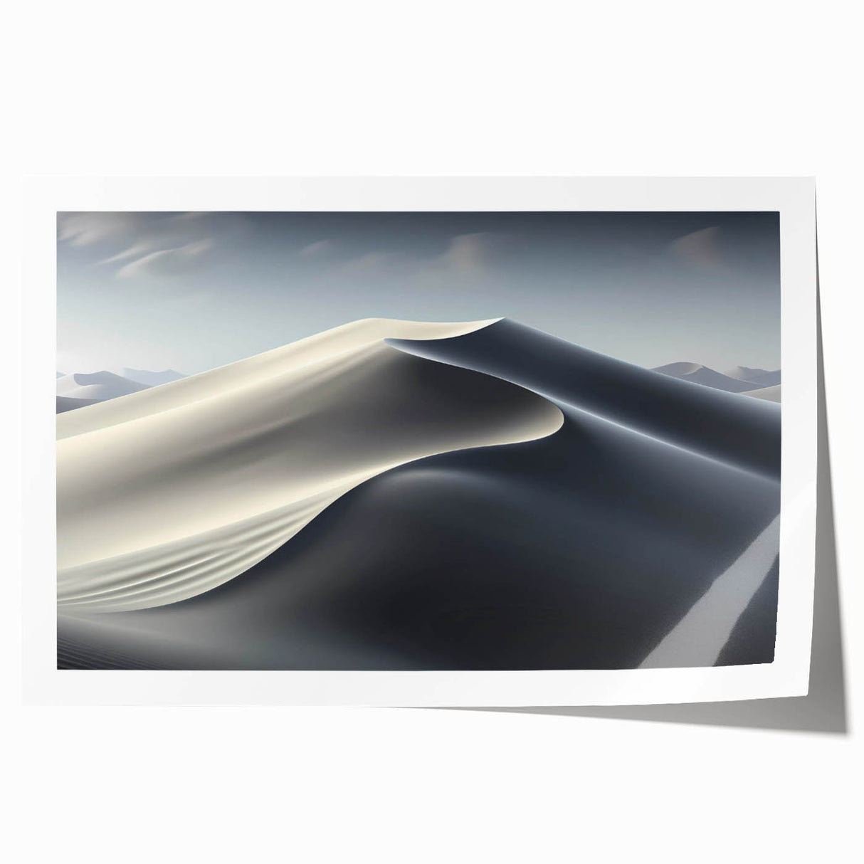 Vibrant rolled wall art print showcasing a serene desert landscape with golden dunes under a blue sky, perfect for home decor and art enthusiasts.