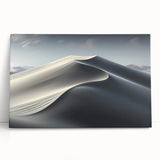 Stretched canvas wall art featuring a serene desert landscape with rolling dunes, showcasing warm beige and golden tones, perfect for modern home decor.