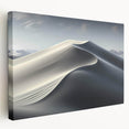 Stretched canvas wall art depicting a serene desert landscape with rolling dunes at sunset, showcasing warm orange and soft blue hues for a calming ambiance.
