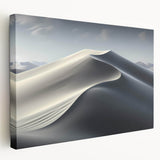 Stretched canvas wall art depicting a serene desert landscape with rolling dunes at sunset, showcasing warm orange and soft blue hues for a calming ambiance.