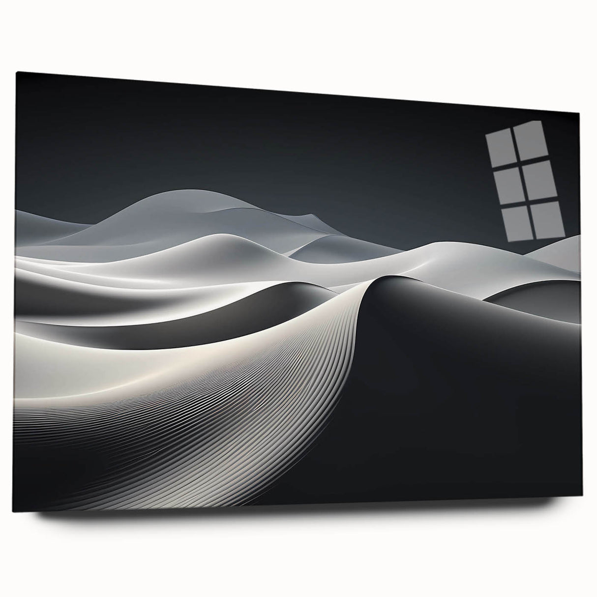 Dune-inspired wall art design featuring vibrant colors and abstract shapes, presented in acrylic glass with a sleek side view, perfect for modern home decor.