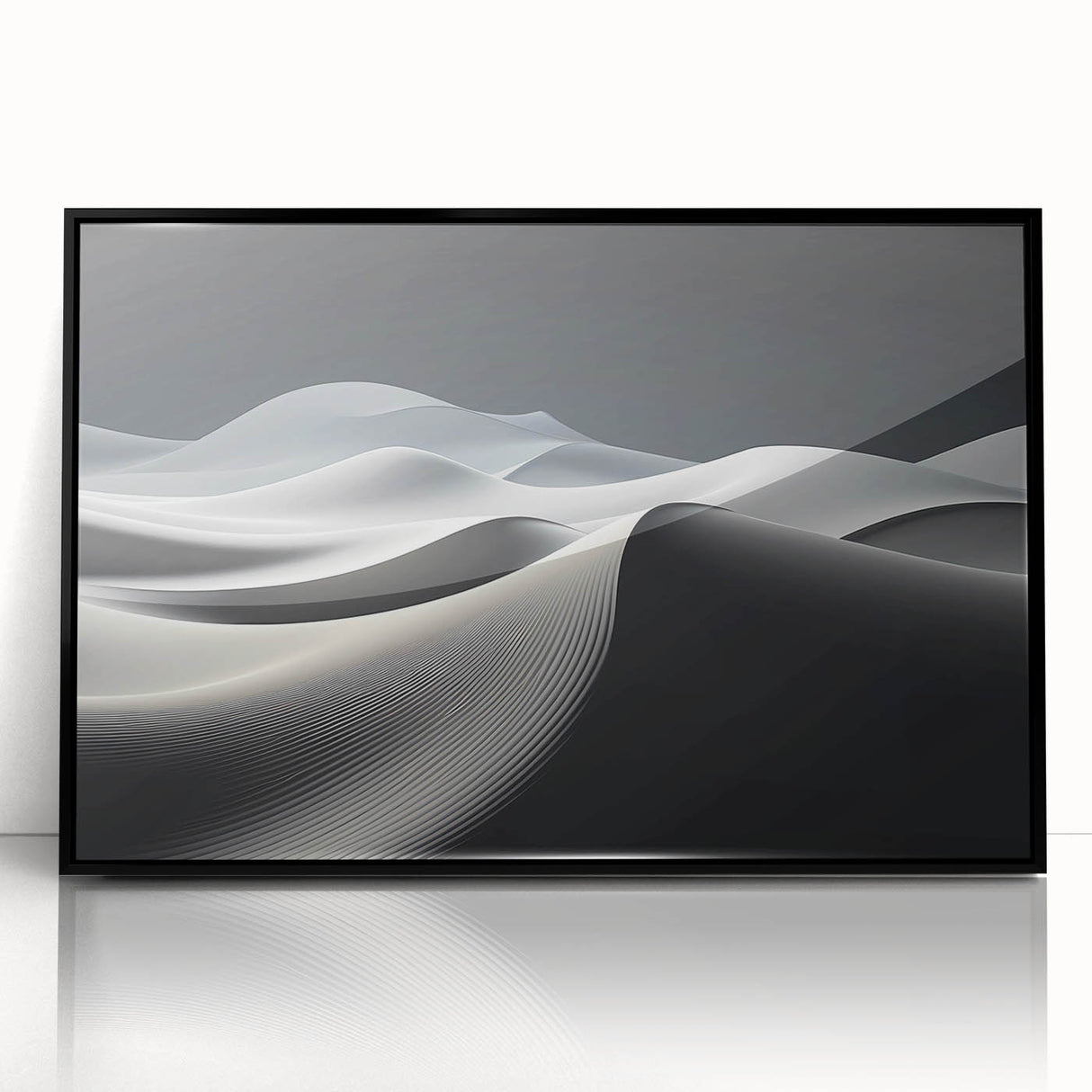 Framed wall art showcasing a stunning desert dunes landscape in warm beige and brown tones, presented in a sleek black frame, perfect for modern home decor.