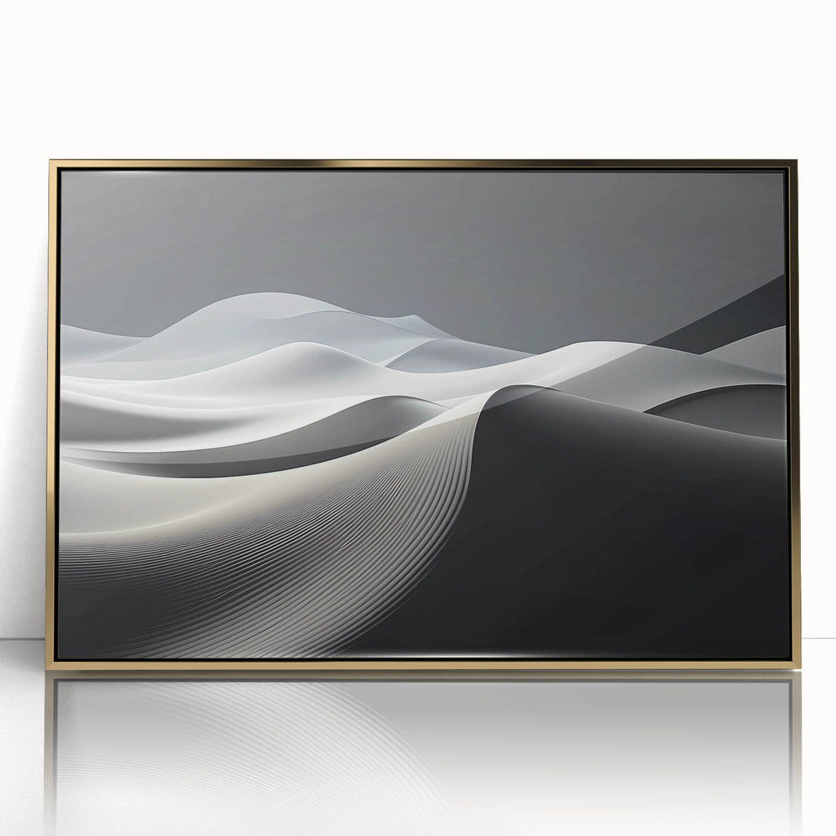 Framed acrylic wall art featuring a serene desert landscape with golden dunes, designed to enhance modern interiors with its elegant finish and captivating colors.