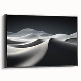 Framed canvas wall art showcasing a serene desert landscape with golden sand dunes, featuring a sleek black frame for a modern aesthetic, perfect for home decor.