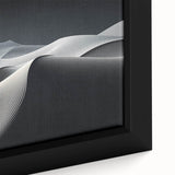 Close-up of a framed canvas wall art piece showcasing a serene desert landscape with soft golden dunes, perfect for home decor enthusiasts seeking tranquility. The design features warm colors and intricate textures, ideal for enhancing modern living spaces.