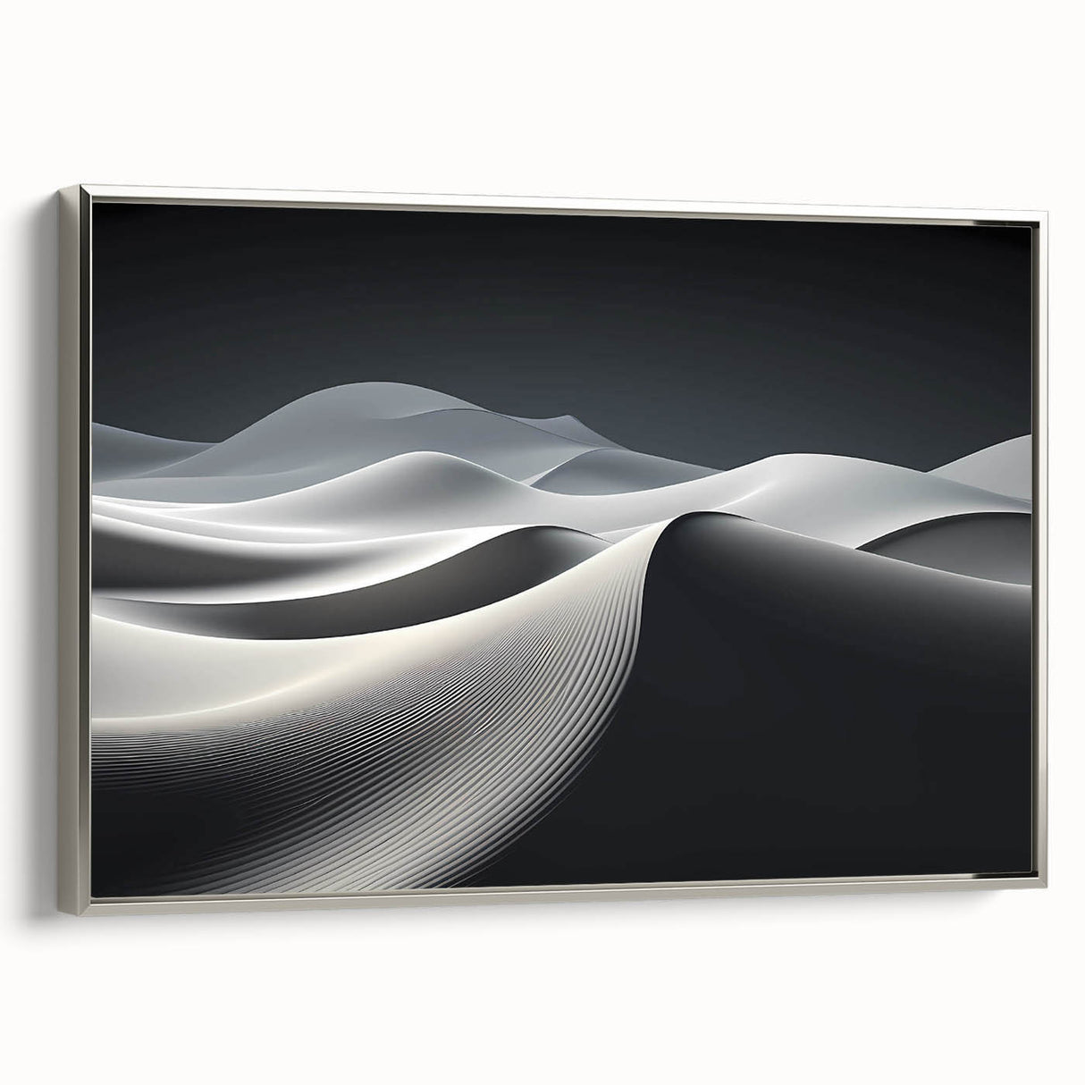 Framed canvas wall art featuring a serene desert landscape with golden dunes, elegantly displayed in a sleek silver frame, perfect for modern home decor.