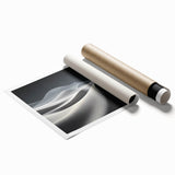 Desert landscape wall art print showcasing rolling sand dunes in warm golden hues, elegantly rolled and secured in a protective cardboard tube for easy display. Perfect for modern home decor enthusiasts seeking a touch of nature-inspired elegance.