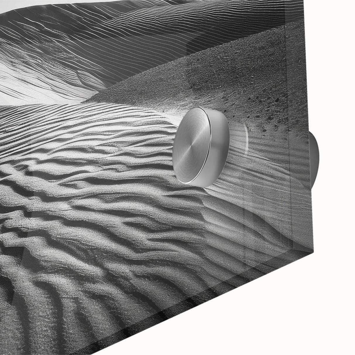 Close-up of a stunning acrylic glass wall art piece showcasing a vibrant desert landscape with rolling sand dunes, perfect for enhancing modern home decor.
