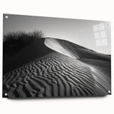 Acrylic glass wall art showcasing a stunning desert dune landscape in warm tones, elegantly presented from a side view with visible pins for mounting.