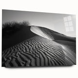 Acrylic glass wall art featuring a vibrant desert landscape with rolling sand dunes, side view showcasing sleek design without pins, perfect for modern decor.