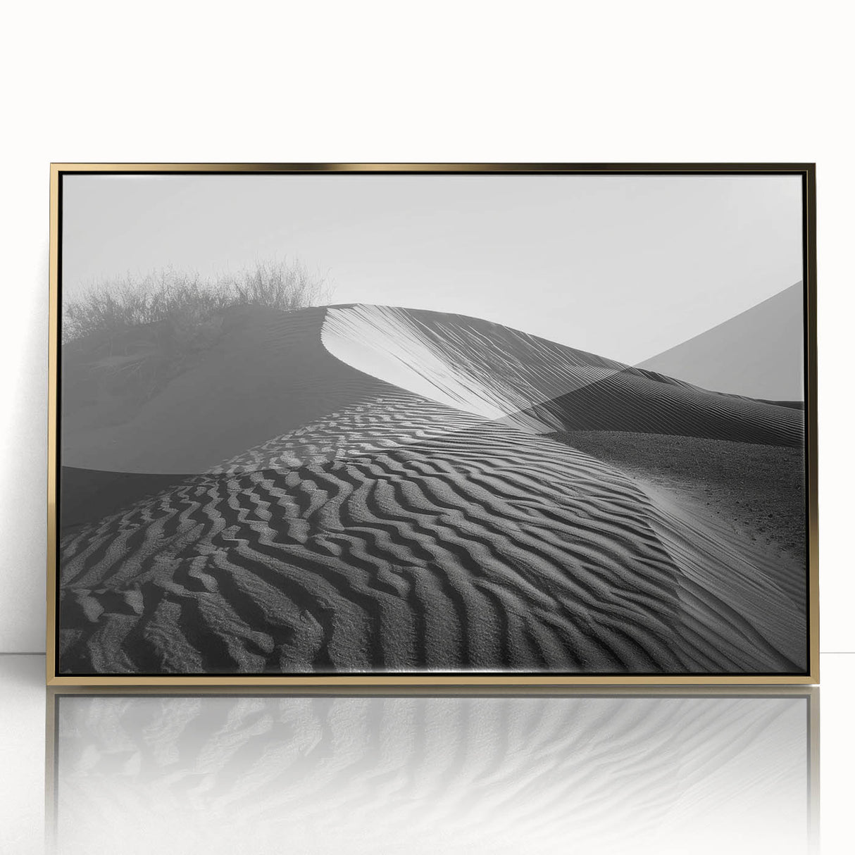 Framed acrylic wall art showcasing a stunning desert dunes landscape in gold tones, perfect for modern home decor, adding elegance and warmth to any space.