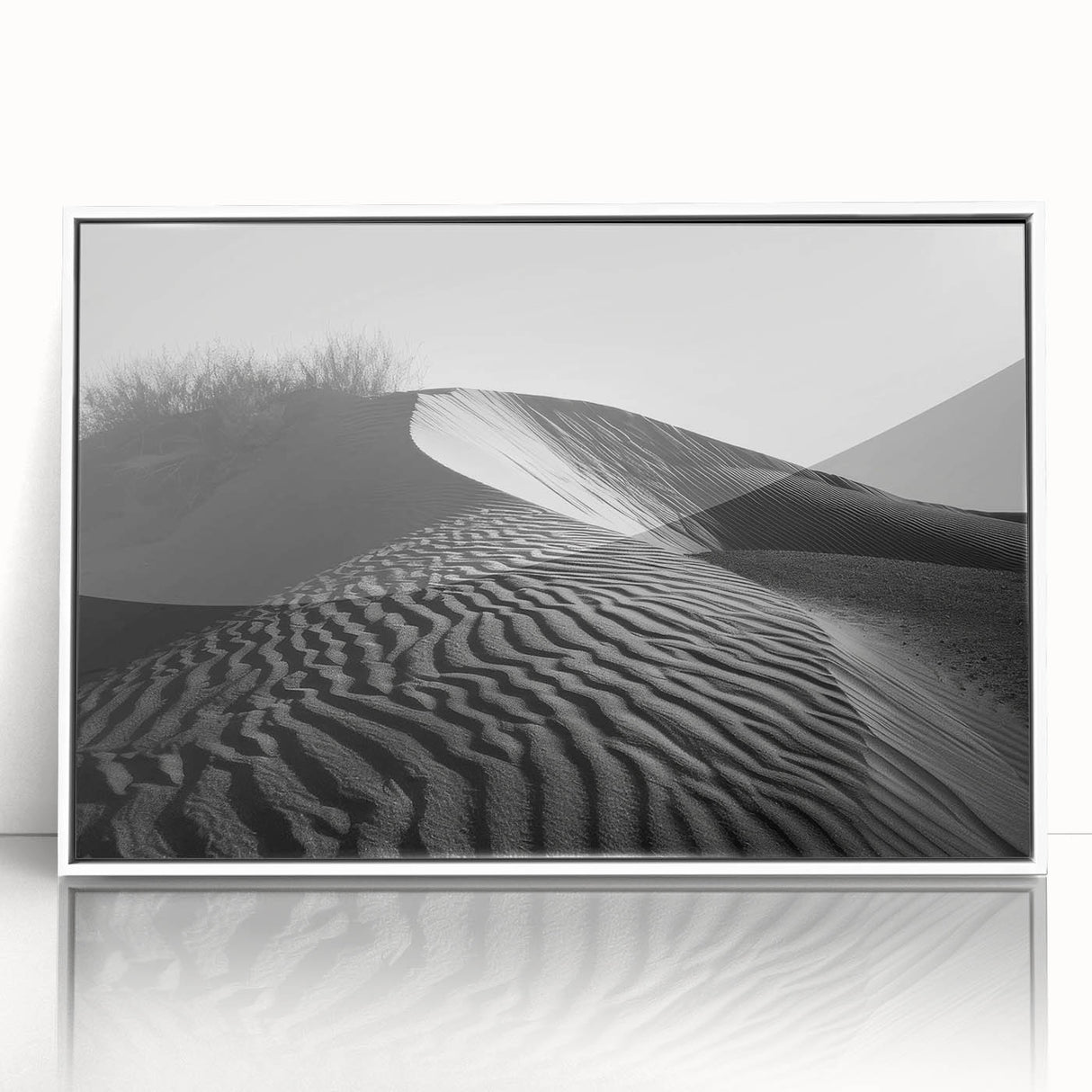Framed acrylic wall art showcasing a stunning desert dune landscape with soft golden hues and intricate textures, designed for modern decor enthusiasts.