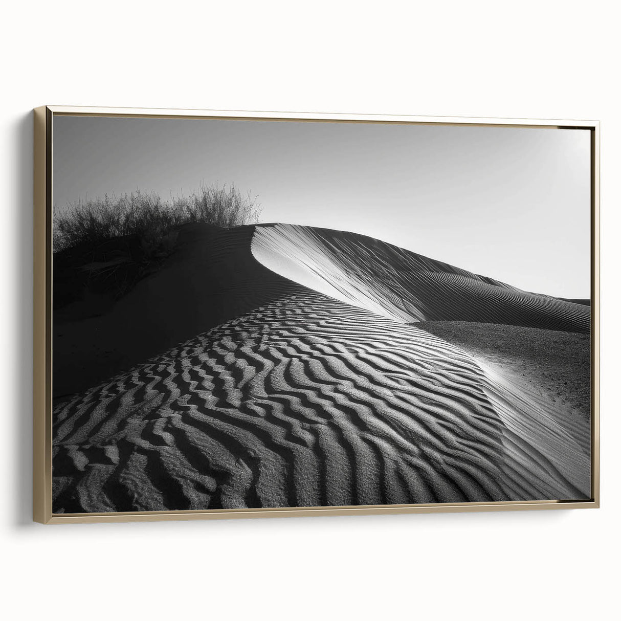 Framed canvas wall art showcasing a stunning desert dune landscape with golden tones, perfect for modern home decor. Ideal for adding a touch of elegance to any room.