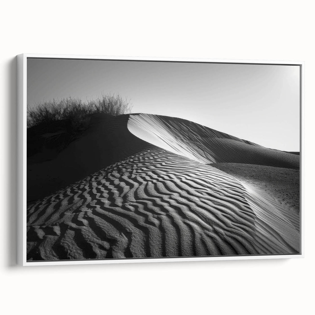 Framed canvas wall art showcasing a scenic desert dune landscape with soft beige and golden hues, perfect for home decor or office aesthetics, side view highlighting its elegant frame.