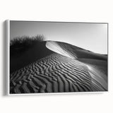 Framed canvas wall art showcasing a scenic desert dune landscape with soft beige and golden hues, perfect for home decor or office aesthetics, side view highlighting its elegant frame.