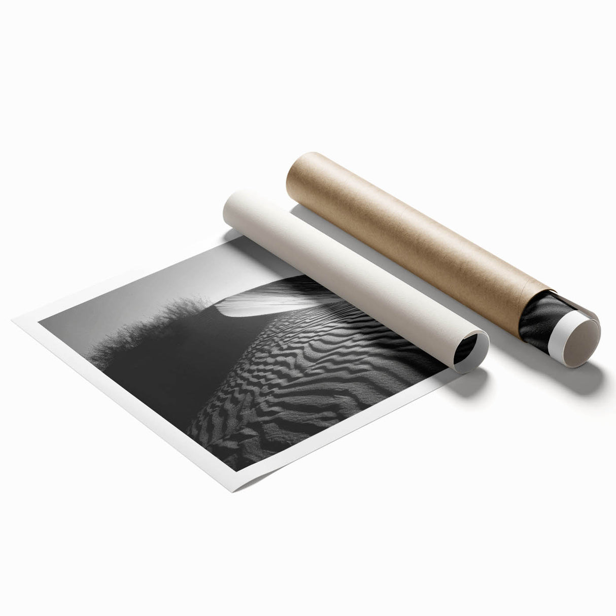 Vibrant rolled print showcasing serene desert dunes at sunset, highlighting warm golden and orange hues, perfect for enhancing home decor with a natural landscape theme.