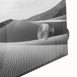 Close-up of a contemporary wall art piece featuring abstract desert dunes design in vibrant colors, printed on acrylic glass, highlighting intricate textures and patterns.