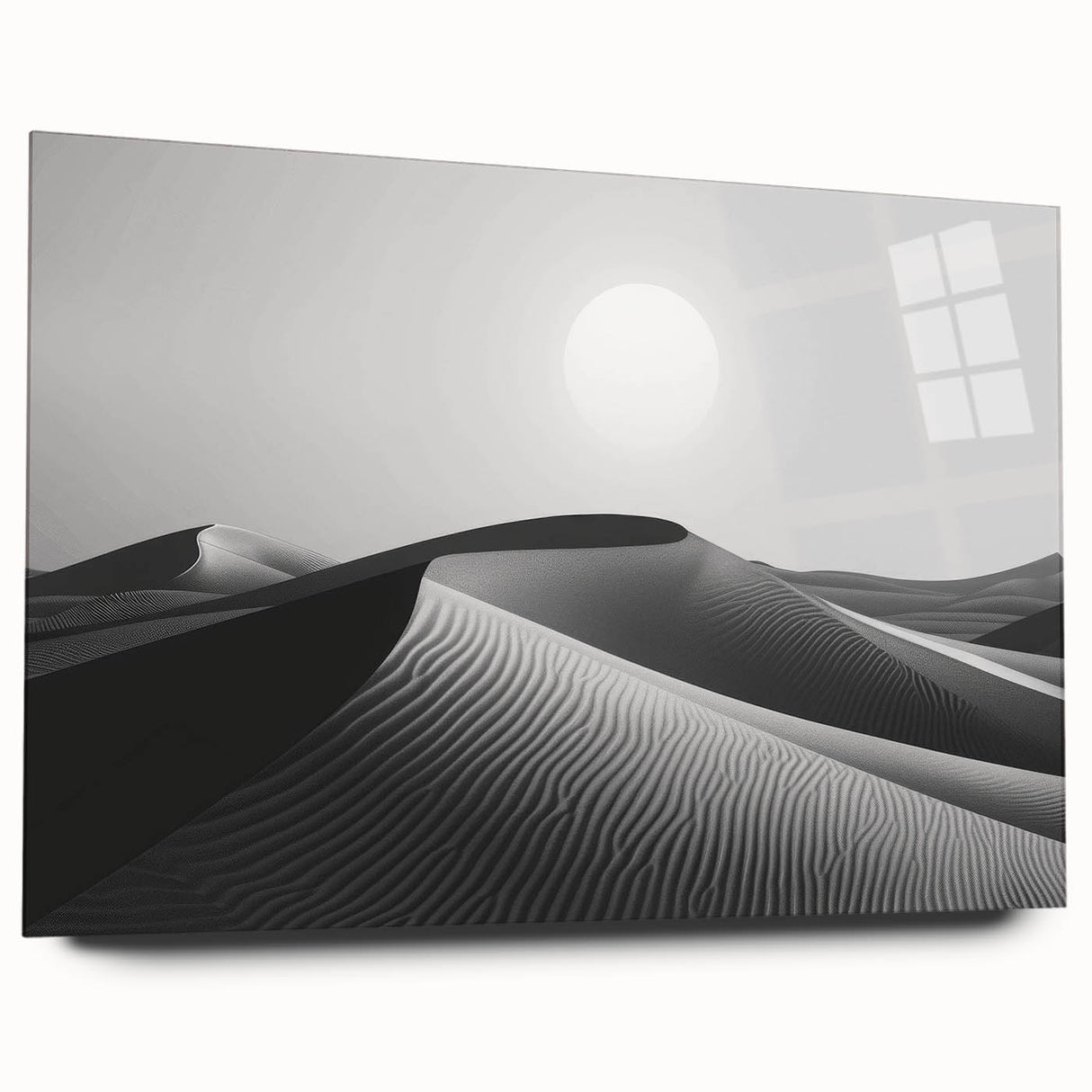 Acrylic glass wall art showcasing a serene desert dune landscape design, featuring soft beige and warm orange hues, ideal for modern home decor.