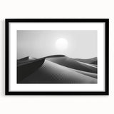 Framed wall art showcasing a serene desert dune landscape design with a black mat border, perfect for modern home decor, enhancing any living space with natural beauty.