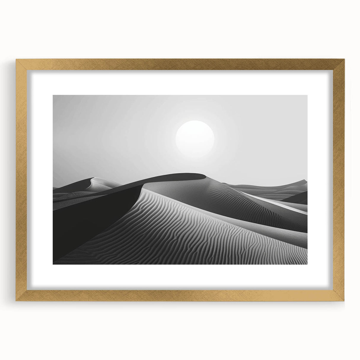 Framed landscape wall art featuring serene sand dunes design in soft earth tones, elegantly matted with a gold frame, perfect for modern home decor.