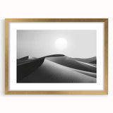 Framed landscape wall art featuring serene sand dunes design in soft earth tones, elegantly matted with a gold frame, perfect for modern home decor.