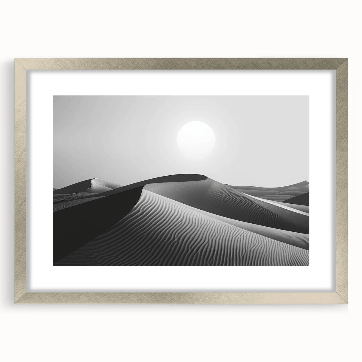 Framed wall art from the "Landscapes Dunes Design 2" collection, showcasing a serene desert scene with soft sand dunes in neutral tones, accented by a sleek silver frame and matting, ideal for modern home decor.