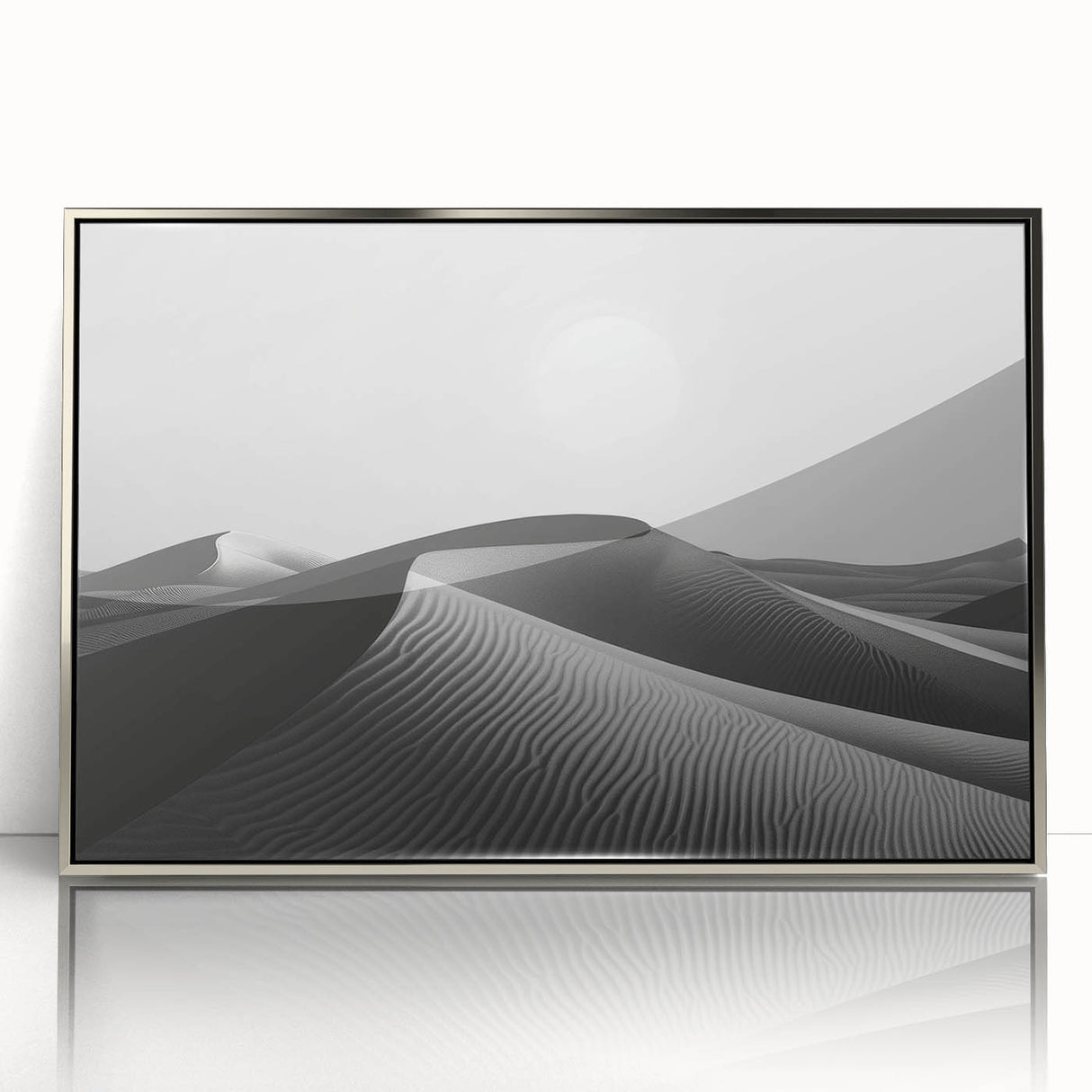 Framed acrylic wall art showcasing a stunning desert dunes landscape design, featuring soft beige and gold tones, perfect for modern home decor.