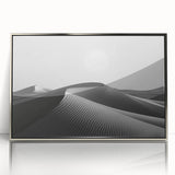 Framed acrylic wall art showcasing a stunning desert dunes landscape design, featuring soft beige and gold tones, perfect for modern home decor.