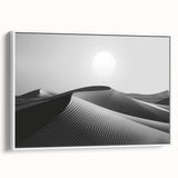 Framed canvas wall art showcasing a serene desert landscape with soft dunes, featuring subtle beige and white tones, perfect for modern home decor.