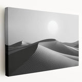 Stretched canvas featuring a serene landscape of rolling sand dunes at sunset, with warm golden and orange hues, perfect for modern home decor.
