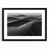 Framed landscape wall art featuring serene sand dunes, designed with a sleek black frame and mat, perfect for modern home decor. Ideal for enhancing interiors with a calming aesthetic.