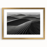 Framed wall art featuring a serene desert landscape with golden sand dunes, elegantly matted and displayed in a stylish gold frame, perfect for modern home decor.